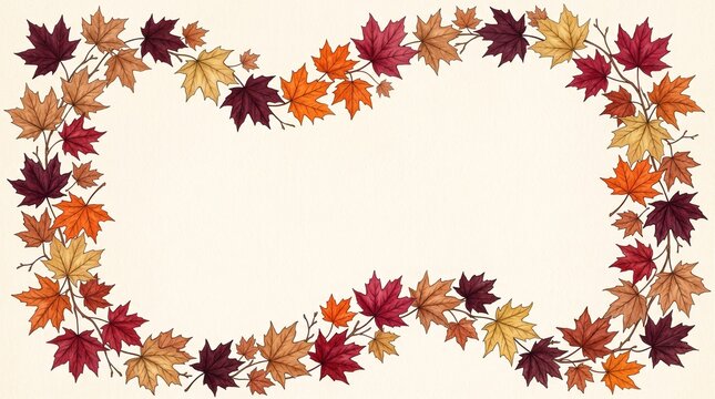 Decorative frame made of colorful autumn maple leaves arranged in a rectangular shape on a plain light beige background surface
