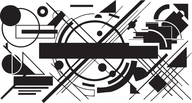 Abstract geometric vector background, black and white constructivist art composition, minimalist linear shapes and circles for modern graphic design