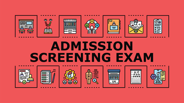 Admission screening exam banner infographic. Qualification merit, assessment application, entrance proctor icon vector illustration