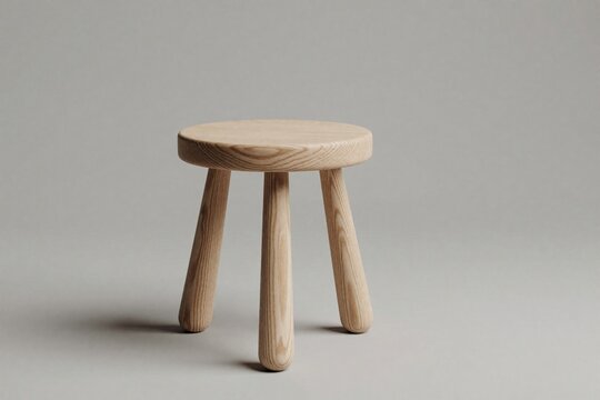 Minimalist wooden stool with three legs sits on plain gray studio background. Simple, functional furniture piece offers clean aesthetic for modern interiors or product shots.