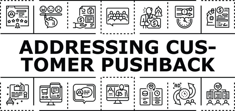 Addressing customer pushback banner infographic. Retention communication, patience clarity, complaint empathy icon vector illustration