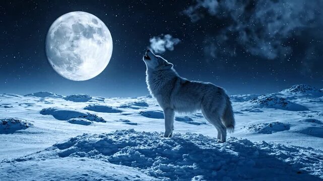 Lone wolf howling at the full moon in a snowy, starry night landscape