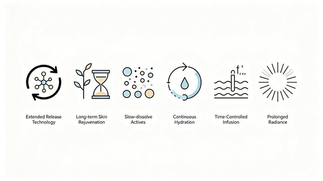 Minimally hand-painted skincare technology icon, with continuous rejuvenation and long-lasting hydration, suitable for beauty Instagram materials and product function explanation diagrams.

