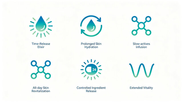Gradient blue-green molecular skincare efficacy icon, representing timed release and full day rejuvenation, suitable for overseas skincare brand websites and advertising banners.
