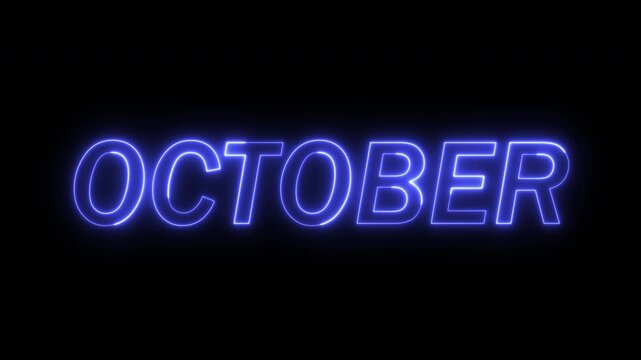 october text blue neon glowing with line trail animation, typography monthly calendar concept animation on transparent background, 4k video