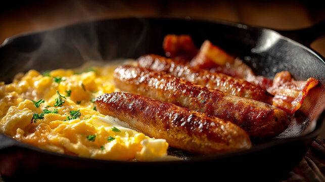 Freshly cooked breakfast sausages with scrambled eggs and bacon in a cast iron skillet