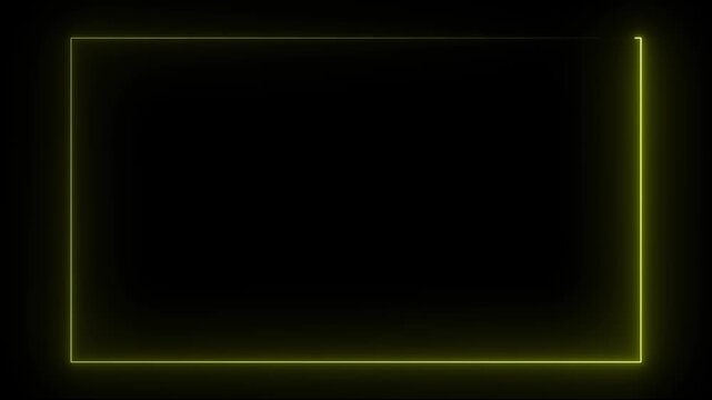 Neon light is moving glowing lines rectangle frame. Text frame on dark background. Seamless border cycling glow 4k animation video.