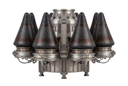 Cluster of multi nozzle rocket engine thrusters on transparent background, aerospace propulsion assembly with high pressure combustion chambers. Heavy hardware delivers powerful acceleration.
