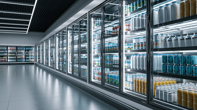 Retail store refrigerated beverage units with bright LED lighting and organized shelves for efficient supermarket merchandising.