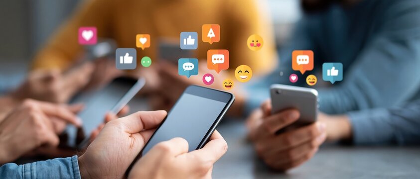 Digital connection in action multiple users scroll and engage simultaneously, surrounded by floating likes, emojis, and chat icons. Perfect for social media marketing, app promotion, and.