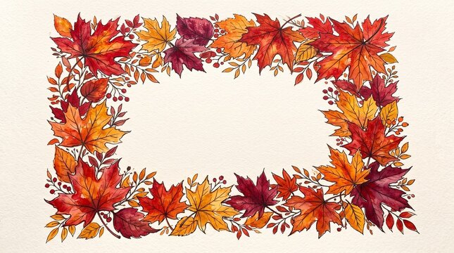 A beautiful rectangular frame made of colorful autumn maple leaves painted in watercolor style on a plain light beige background