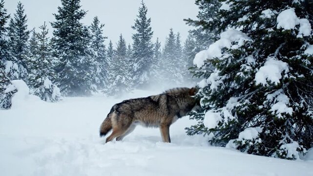 Lone wolf walks through a snowy forest during winter, wildlife in its natural habitat