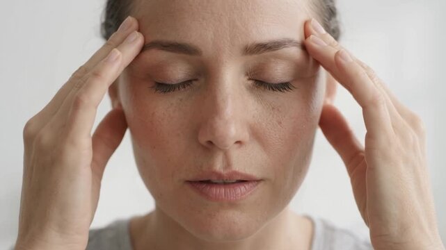 A woman with her eyes closed, pressing her temples with her fingers, appearing to be in pain or deep thought.