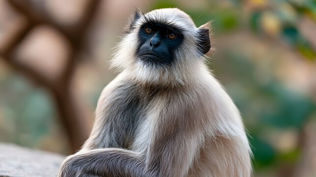 A close up of a langur monkey with dark face and light fur  sitting calmly in a natural outdoor setting