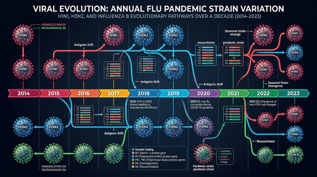 Infographic diagram illustrating viral evolution of influenza strains from 2014 to 2023, showing antigenic drift and shift pathways across H1N1, H3N2, and B viruses.