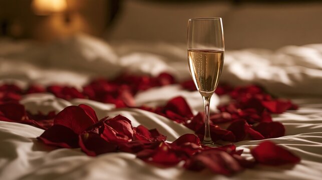 Champagne glass on a bed covered with red rose petals for a romantic evening
