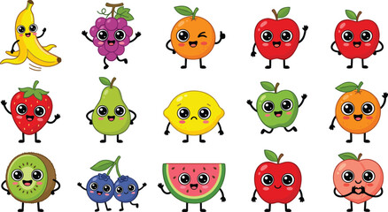 Obraz premium Cute Kawaii Fruit Character Vector Set with Happy Smiling Faces for Kids Healthy Eating Promotion Educational Graphics and Sticker Designs