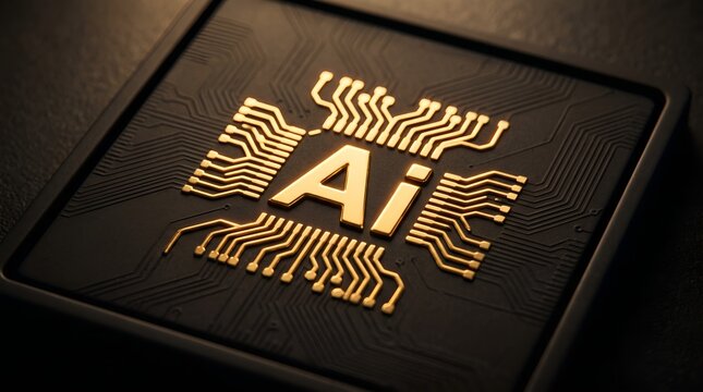 Microchip features a golden circuit board pattern with an artificial intelligence logo stamped in center.