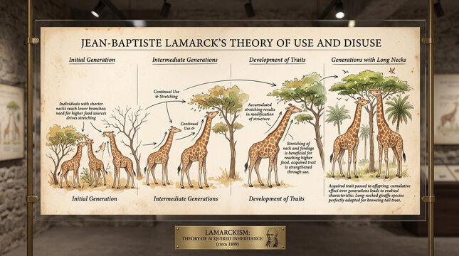 Diagram illustrating Lamarck's theory of use and disuse across evolutionary stages, showing neck length development in giraffes