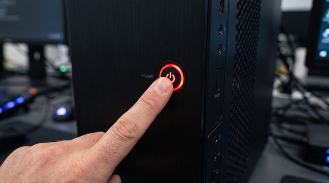 Finger pressing glowing red power button on computer tower with desktop pc powering on computer casing electronic device hardware activation illuminated button gaming pc system startup pc case