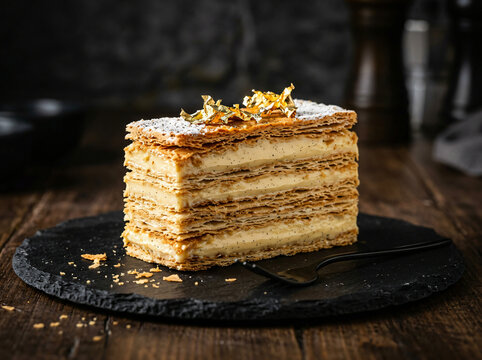 A delicious mille-feuille pastry topped with edible gold leaf on a dark stone plate.