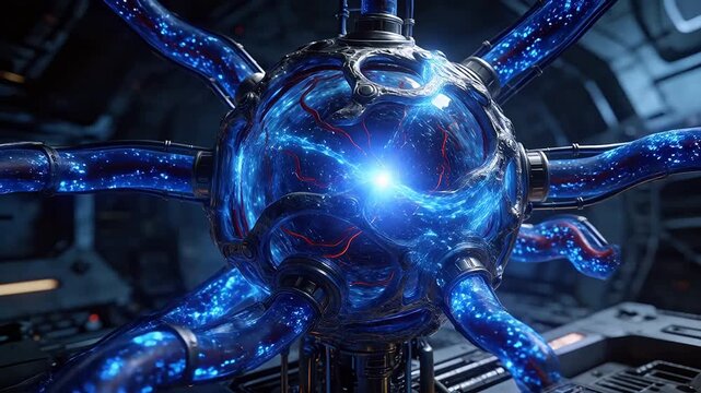 Futuristic alien creature with transparent tentacles and glowing blue fluid in sci-fi lab