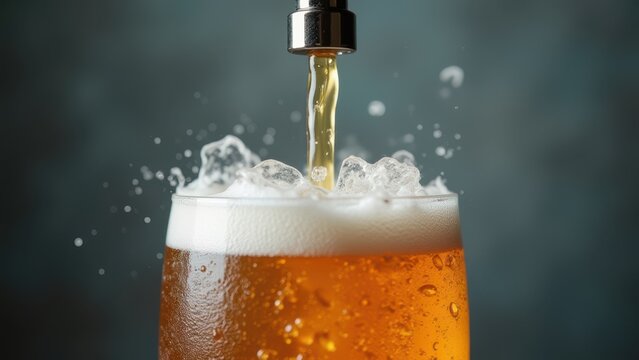macro photorealistic close up of golden ale pouring into clear glass studio shot with dynamic foam plumes on abstract teal background for beverage advertising