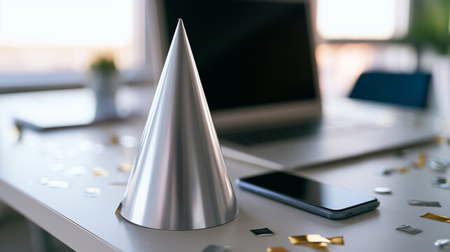 New Year office celebration concept with silver party hat, smartphone and laptop on a modern workspace surrounded by scattered metallic confetti. 