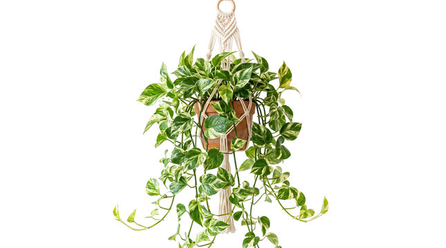 Boho macrame plant hanger with trailing pothos houseplant, decorative hanging indoor greenery in terracotta pot, isolated lush devil's ivy on white background
