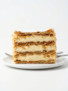 A delicious slice of mille-feuille pastry with layers of cream and puff pastry on a white plate.