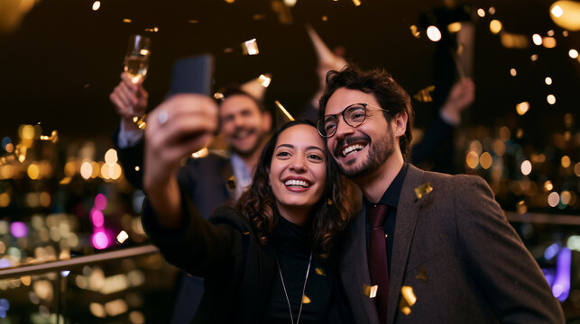 Two Hispanic business colleagues taking a selfie on an office terrace overlooking the city during a New Year celebration, with champagne, party hats and falling confetti. 
