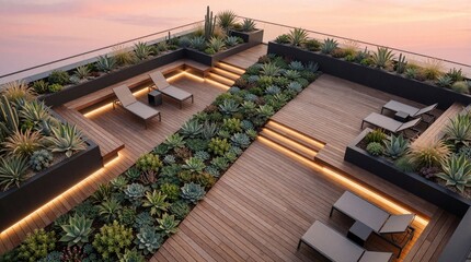 Obraz premium Rooftop garden terrace features wood decking lounge chairs succulent planters and warm led strip lighting at sunset. This modern urban oasis provides stunning sky views ideal for relaxation.