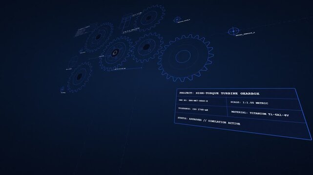 Blue mechanical cad blueprint animation of rotating gears. 4K Video 3D Render