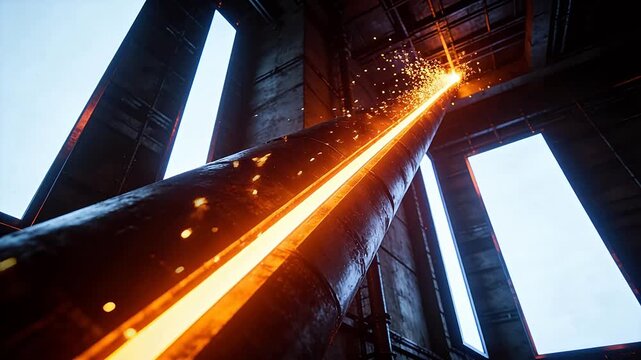 Industrial factory with glowing hot metal rod inside large pipe