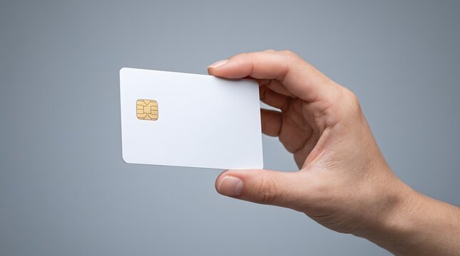Close-Up of Hand Holding Blank White Credit Card with EMV Chip Isolated on Grey Background