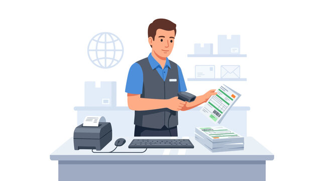 Delivery Person Scanning Package for Shipping and Logistics at a Desk with Printer