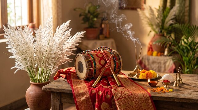  Bengali Durga Puja Still Life with Dhak Drum, Incense Smoke and Marigold