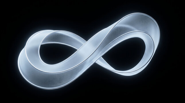 Abstract Glowing Metallic Mobius Strip Symbolizing Infinite Possibilities and Eternal Continuity on Black Background