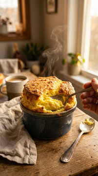 Freshly baked hot cheese souffle in a ceramic ramekin with steam rising on a rustic wooden table.
