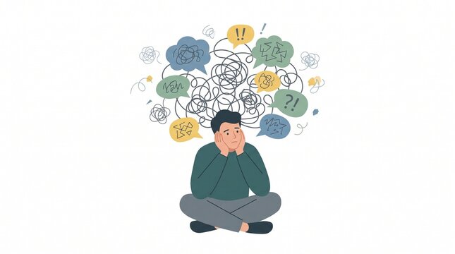 Young man sitting cross-legged with a worried expression while surrounded by tangled lines, question marks, gears, and abstract thought bubbles, conceptual illustration representing overthinking, conf