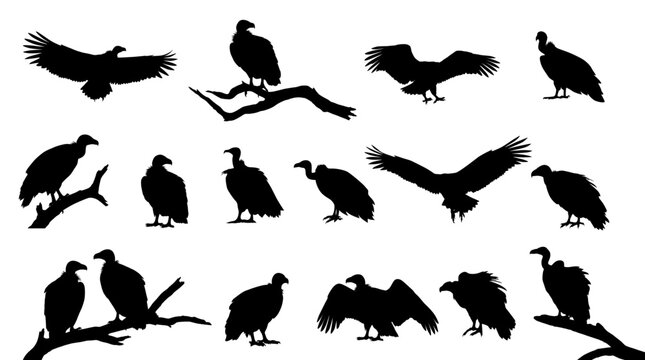 Vulture silhouette set collection. Flying, perched and standing vulture bird black vector isolated on White background