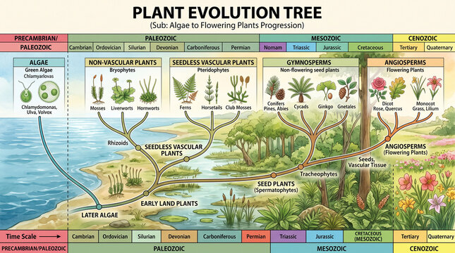 Detailed evolutionary timeline chart illustrating plant progression from Precambrian algae to Cenozoic flowering plants across geological eras
