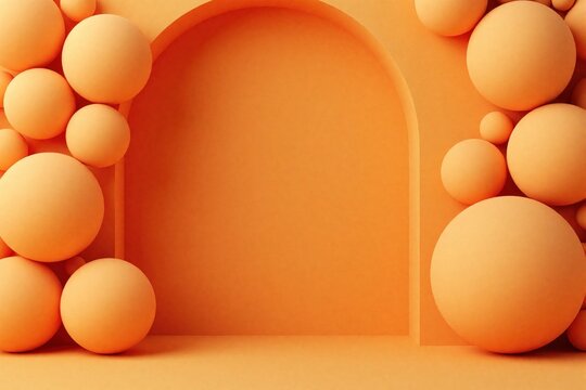 Minimalist orange studio scene with spheres and archway. Empty backdrop for product placement or graphic design. Clean abstract background offers ample copy space.