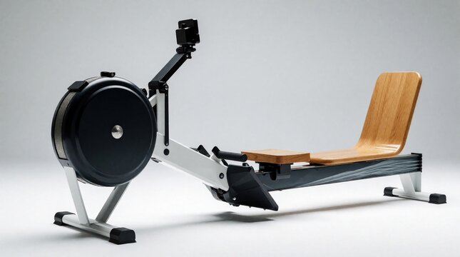 Modern rowing machine with wooden, black flywheel in studio. Indoor rower fitness equipment for home workout, cardio training. Professional gym machine used for endurance exercise, strength build on