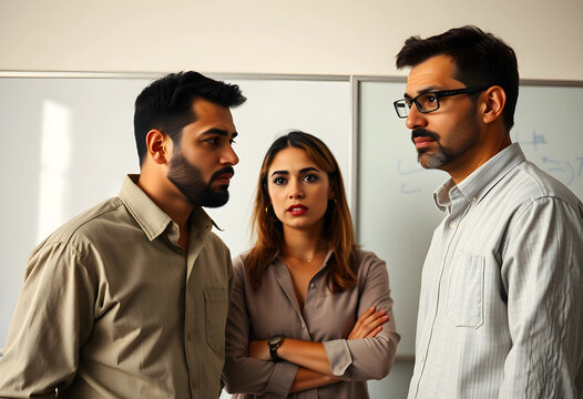 Workplace conflict and team tension, diverse colleagues having a difficult conversation in office with serious expressions and professional disagreement