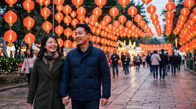 Asian couple  walking under red lanterns at Chinese New Year festival

