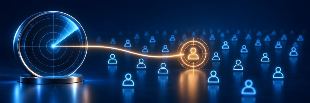 Glowing digital radar scanning a network of human profile icons to identify a specific target audience representing recruitment and lead generation