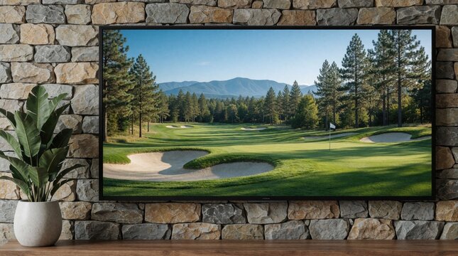 Modern flat screen TV displays golf course with green grass, sand bunkers. Large television mounted on rustic stone wall in living room. Indoor scene with green plant in white pot on wooden table