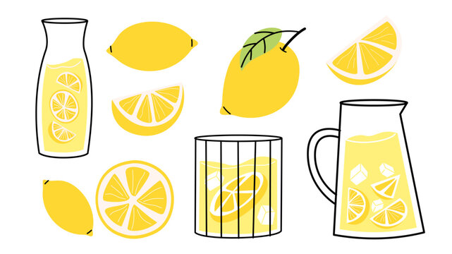 Vector illustration set of fresh lemons, lemon slices, juice pitchers, glass, and lemonade jars in cute doodle flat style. for summer drink menu, recipe, kitchen wall art, sticker, pattern design