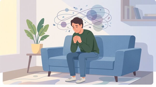 Worried young man sitting alone on a sofa with tangled abstract thoughts surrounding his head, conceptual illustration representing anxiety, overthinking, uncertainty, emotional distress, and mental h